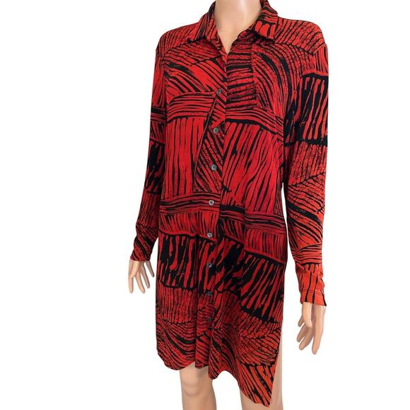 CHICO'S TRAVELERS RED/BLACK DRESS SZ 1 (LG) button up slinky spandex knee length - Picture 2 of 7